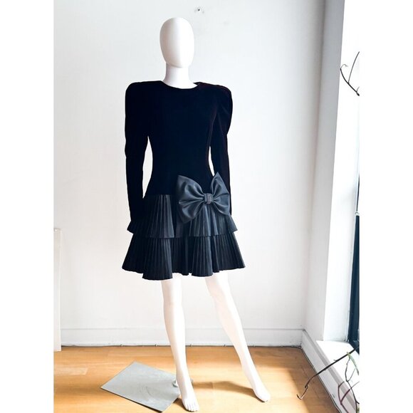 Vintage Algo Boutique Black Burgundy Shift Velvet Pleated Skirt Cocktail Dress S - Picture 3 of 7